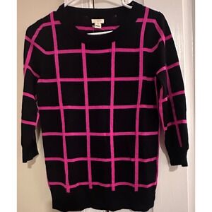 J Crew  Womens XS Black Pink Grid 3/4 Sleeve Sweater‎ Top NWT
